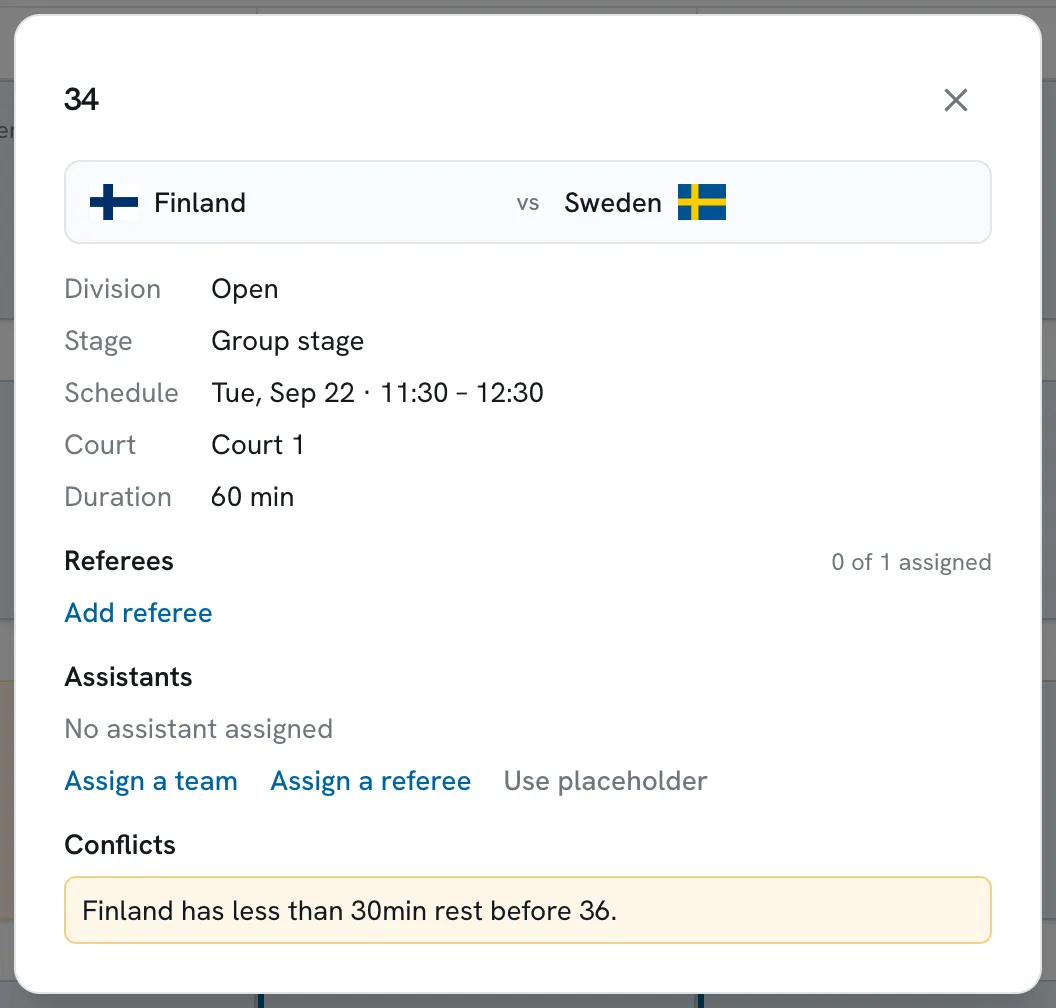 A game's detail panel in Scored, with a conflict warning that one of the teams has less than 30 minutes of rest before its next game