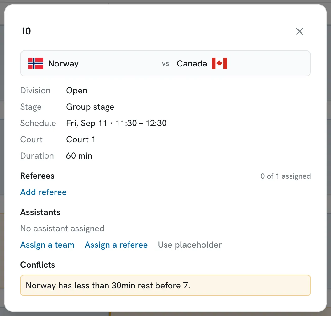 A game's detail panel in Scored, showing the division, stage, court, duration, referee and assistant assignment, and a conflict warning that Norway has less than 30 minutes of rest before its next game