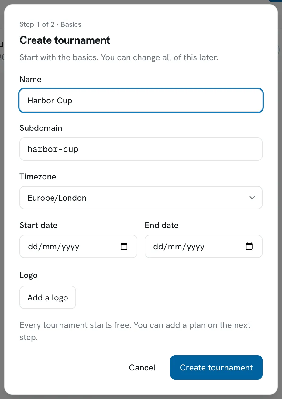 The Create tournament dialog in Scored, with a name, subdomain, timezone and dates for a new event