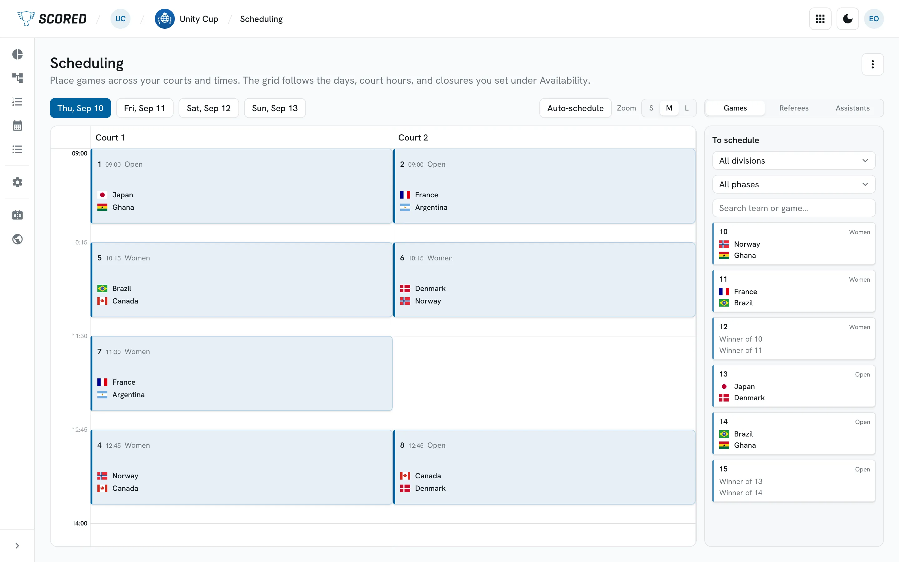 The Scheduling screen in Scored: two court columns for Thursday, games placed at 09:00, 10:15, 11:30 and 12:45, and a To schedule list of games waiting on the right