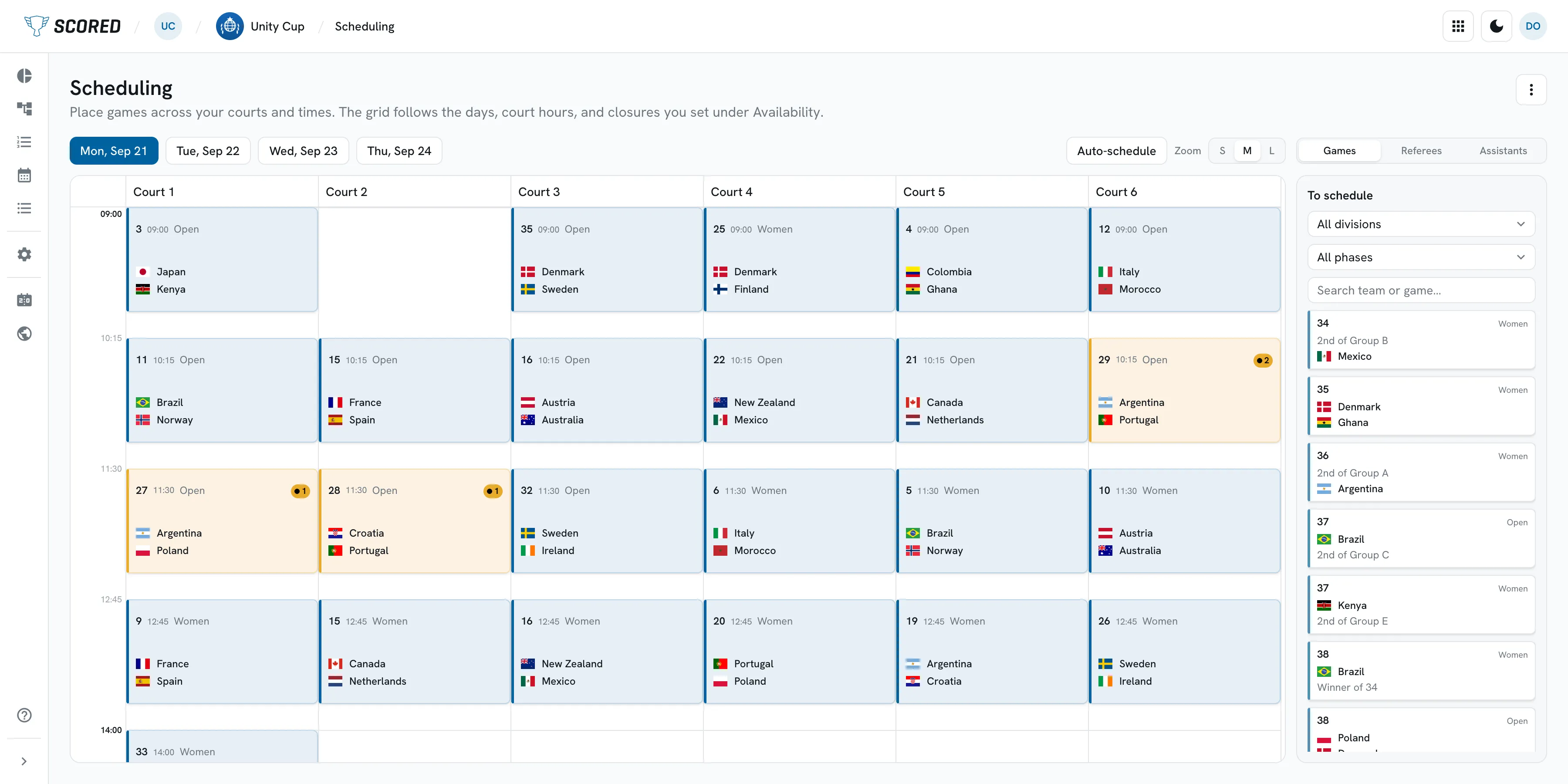 The Scheduling screen in Scored, with a column for each court and games placed at set times through the day